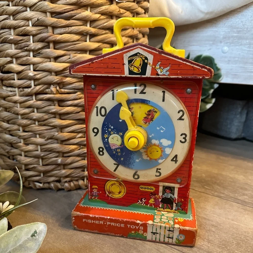 Vintage 1960s Fisher-Price Children’s Toy Red Yellow Music Box Teaching Clock